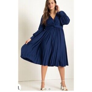 Eloquii Women's Blue Twist Front Long Sleeve Dress Size 18 Midi Pleat